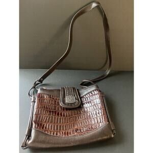Vintage Bagg Leather Faux Croc Handbag Purse Shoulder Crossbody Brown Career Bag